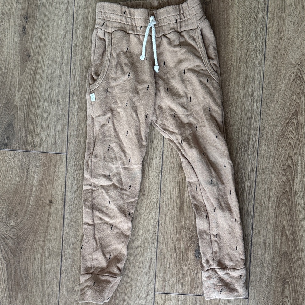 Kids Tan Jogger Pants with Drawstring and Subtle Arrow Print